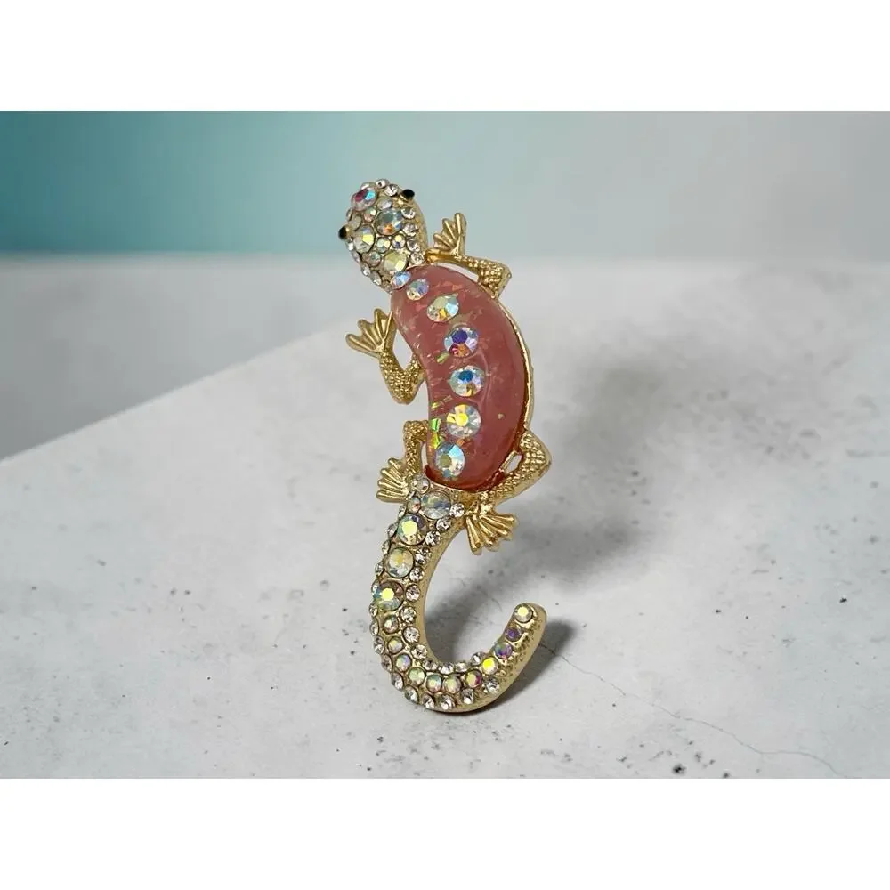 Sparkling Rhinestone Lizard Salamander Gecko Gold Tone Pin Brooch Pink